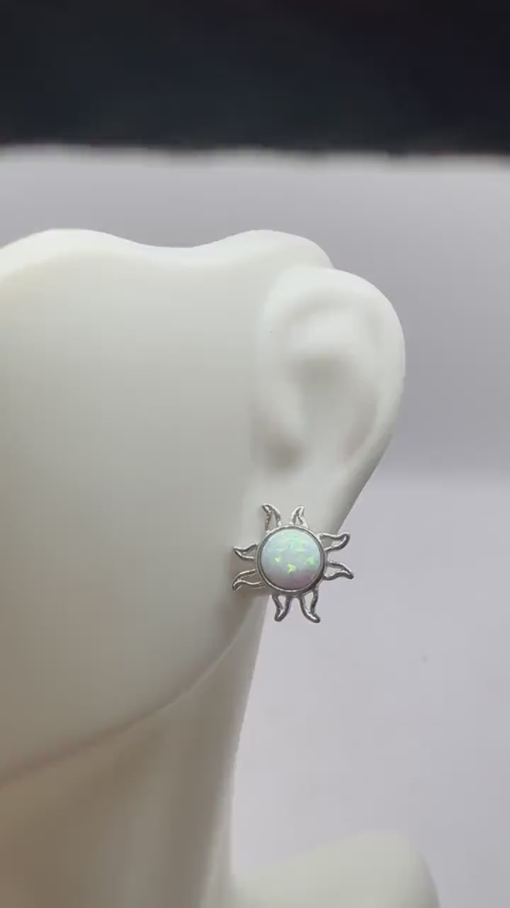 Vintage White Opal Sun Earrings 925 Sterling Silver Stud Button