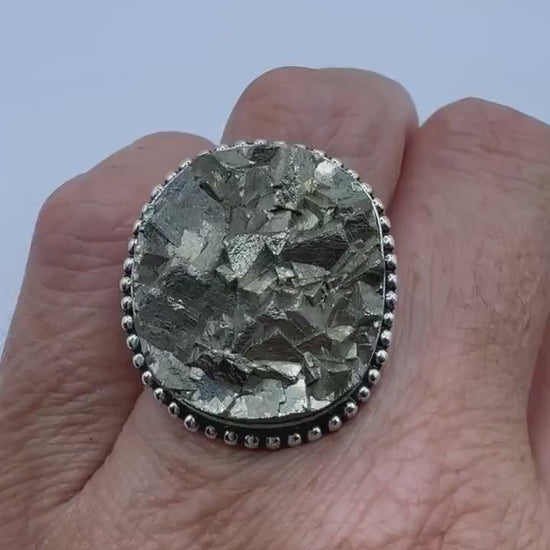Vintage Golden Pyrite Silver Cocktail Ring Size 7.5