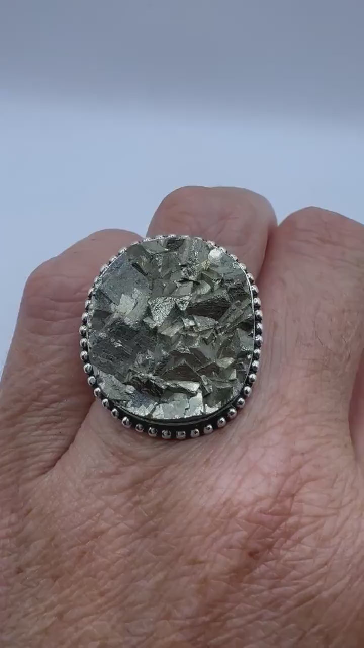Vintage Golden Pyrite Silver Cocktail Ring Size 7.5
