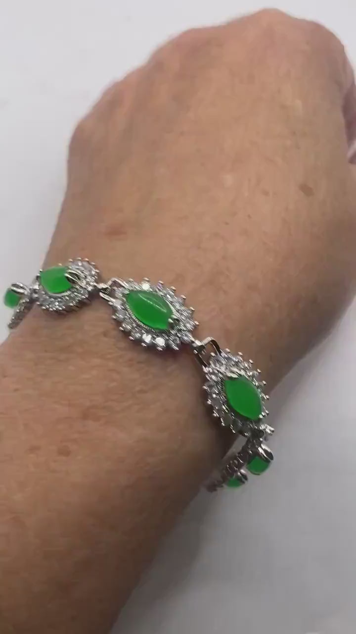 Vintage Green Jade Bracelet Silver White Bronze