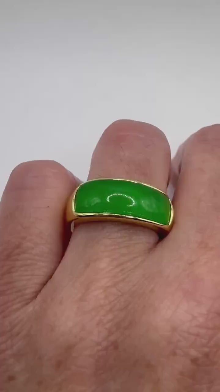 Vintage Green fun Jade silver stainless steel Mens Ring