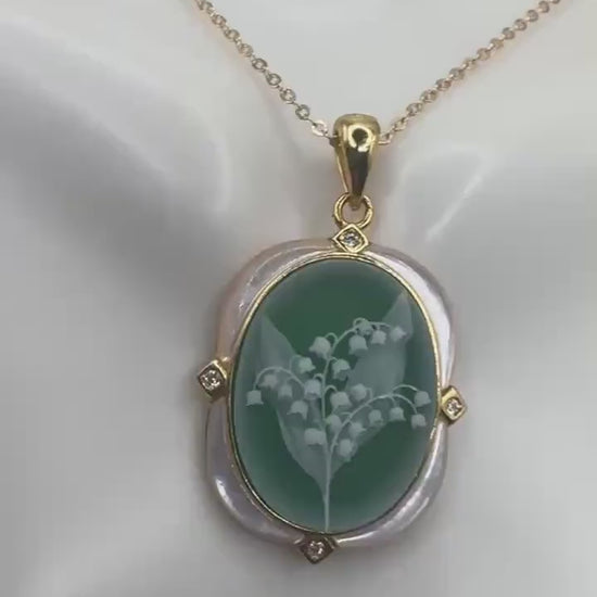 Vintage Lily of the Valley Green Onyx Cameo Choker 925 Sterling Silver Necklace