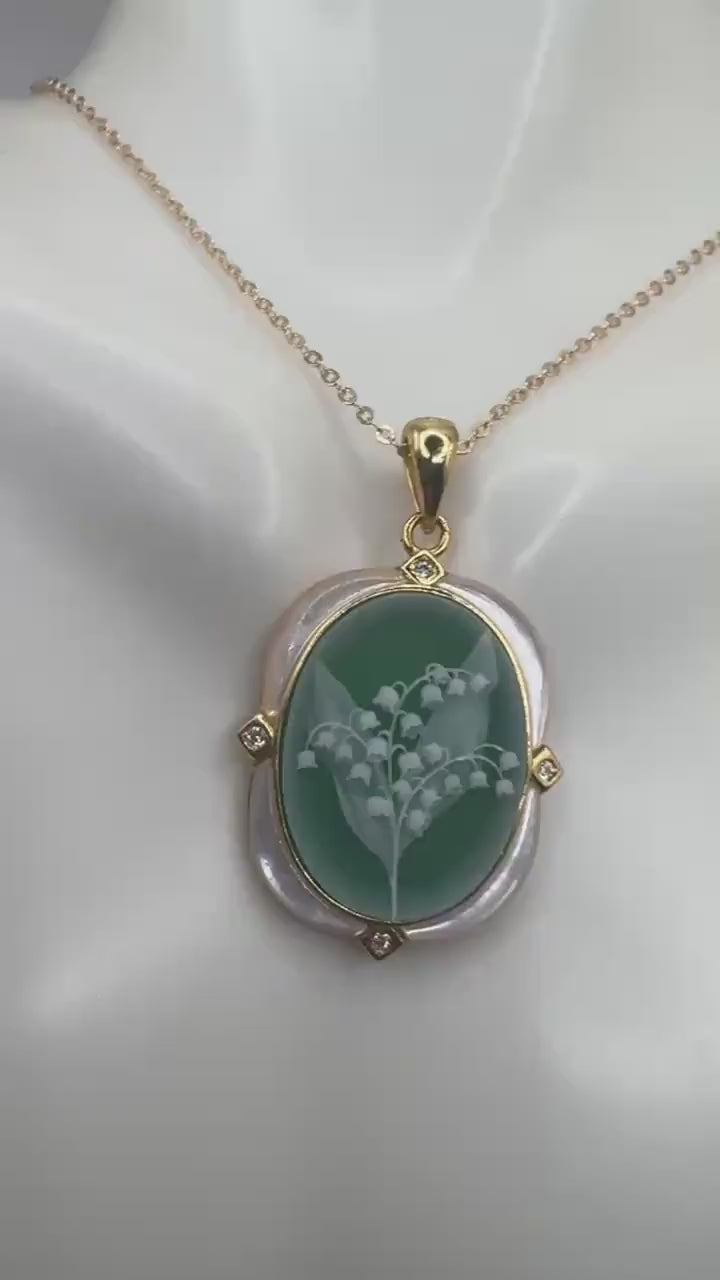 Vintage Lily of the Valley Green Onyx Cameo Choker 925 Sterling Silver Necklace
