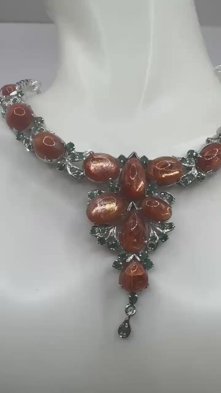 Vintage Sunstone  Emerald 925 Sterling Silver Choker Necklace