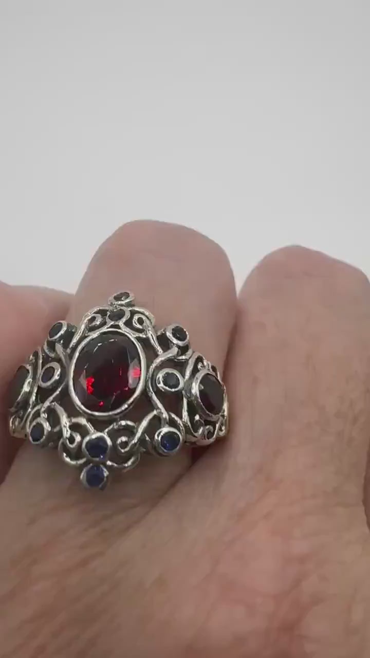 Vintage Garnet Sapphire Ring 925 Sterling Silver