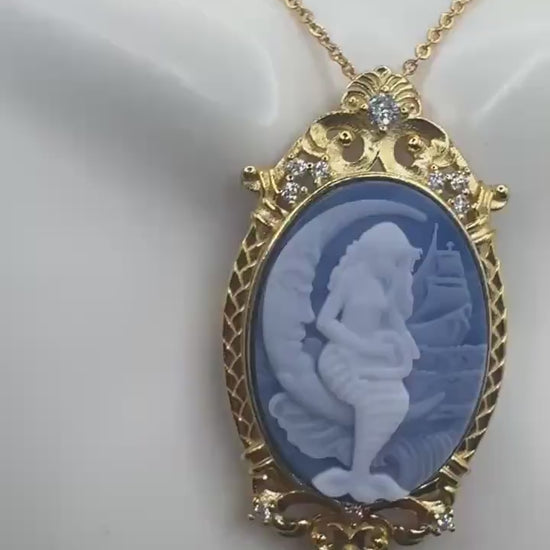 Vintage Blue Onyx Mermaid Cameo Golden Sterling Silver Necklace Choker Pin