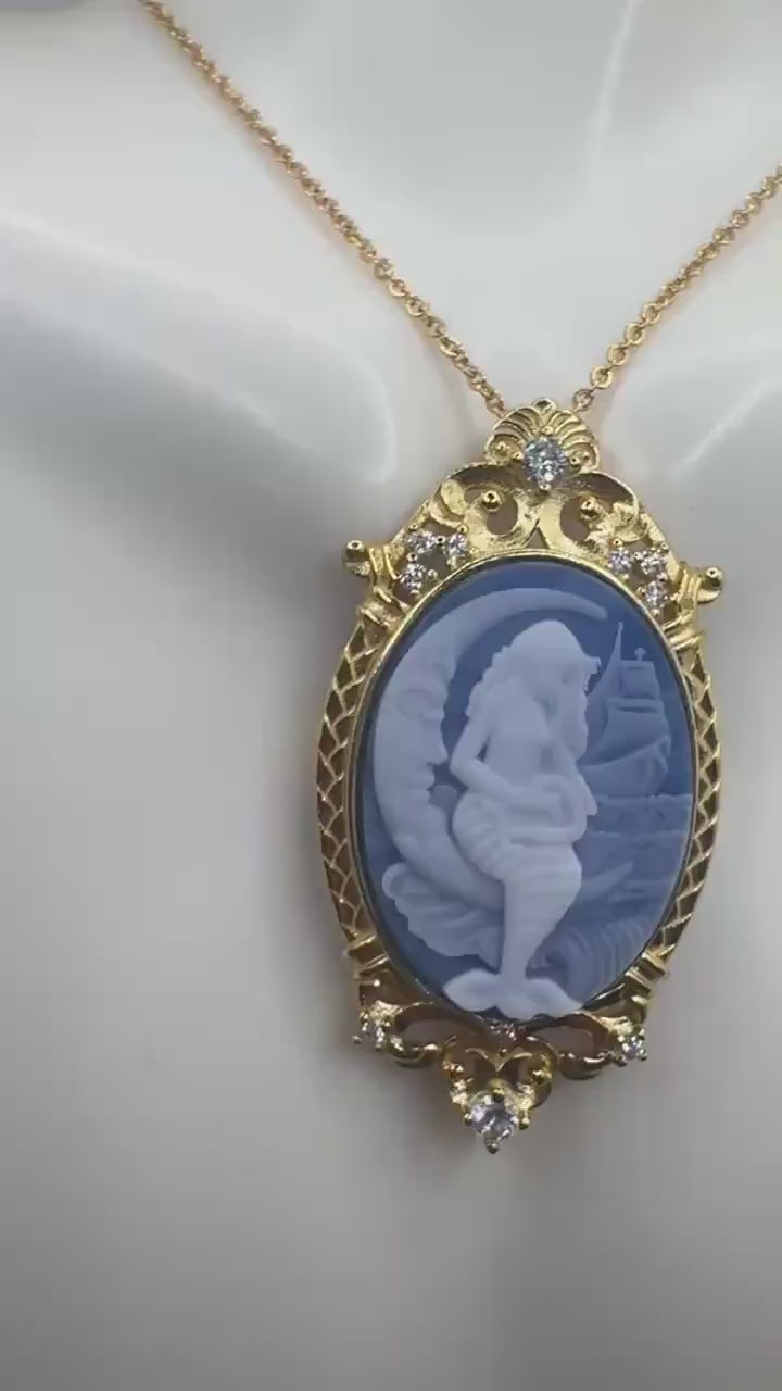 Vintage Blue Onyx Mermaid Cameo Golden Sterling Silver Necklace Choker Pin