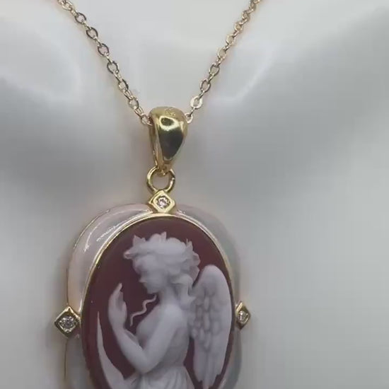 Vintage Red Onyx Gaurdian Angel Cameo Golden 925 Sterling silver Necklace Choker
