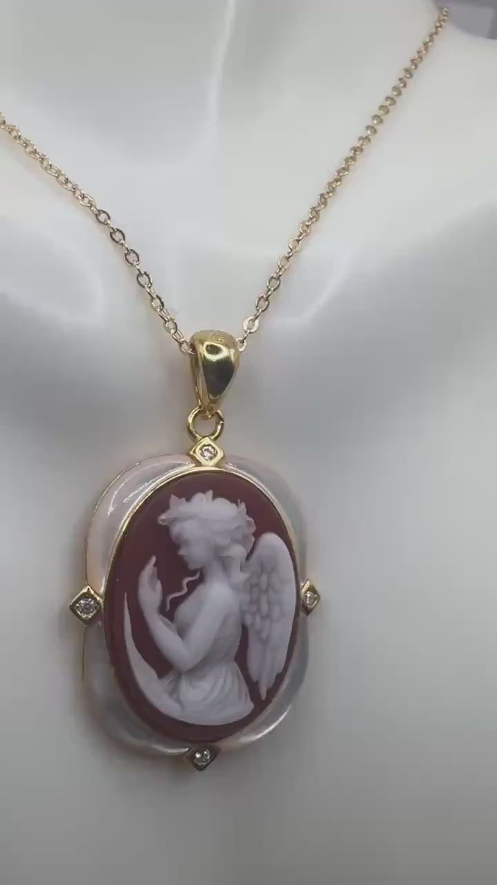 Vintage Red Onyx Gaurdian Angel Cameo Golden 925 Sterling silver Necklace Choker