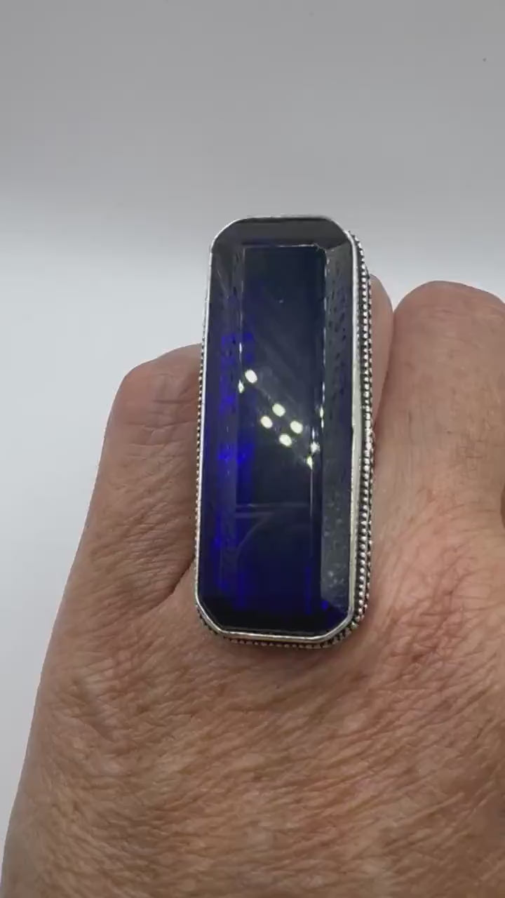 Vintage Blue Colbolt Glass Deco Cocktail Ring Size 6.5