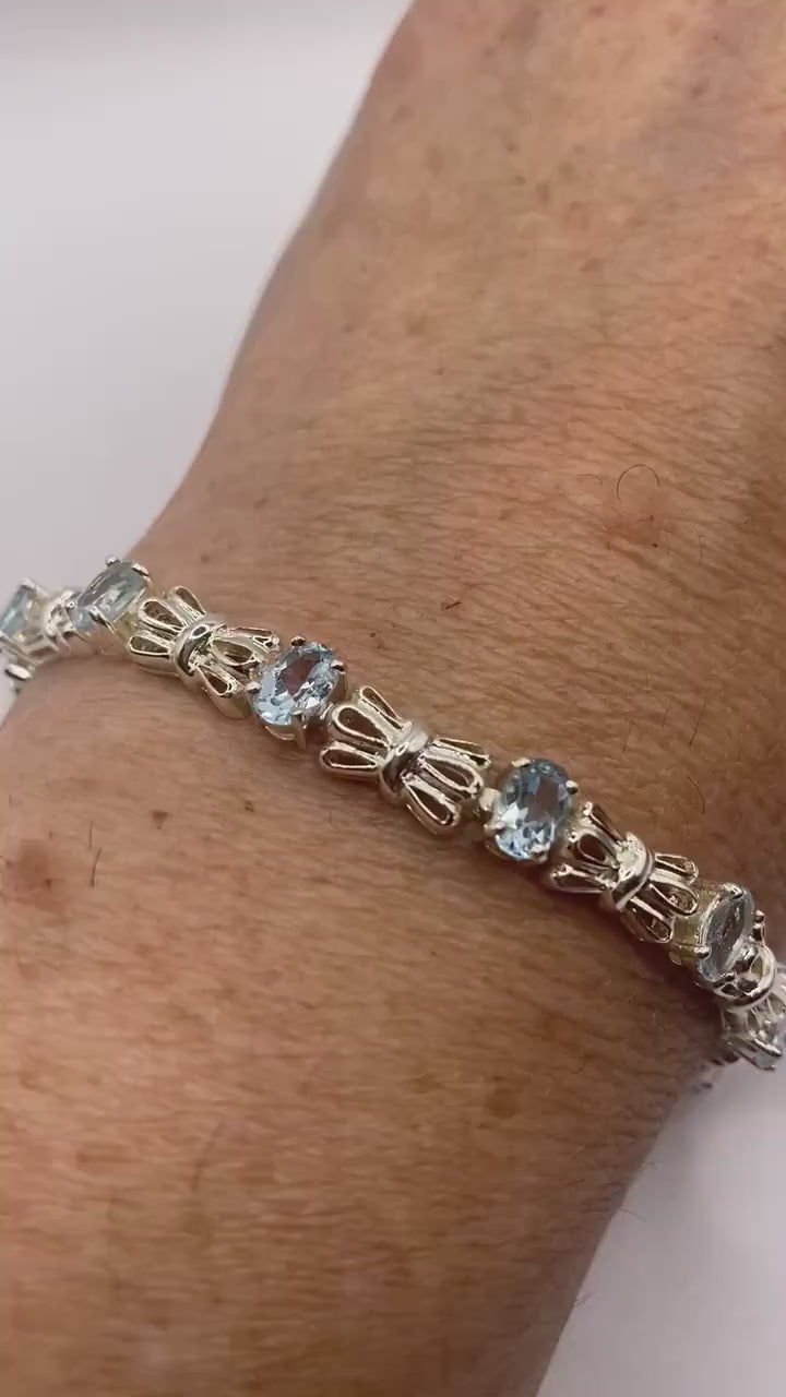 Vintage Genuine Blue Topaz Antique Rhodium 925 Sterling Silver Tennis Bracelet