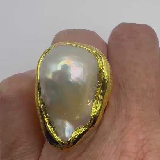 Vintage Biwa Pearl Ring Goldenen 925 Sterling Silver Cocktail Statement Adjustable