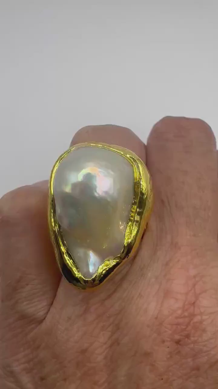 Vintage Biwa Pearl Ring Goldenen 925 Sterling Silver Cocktail Statement Adjustable