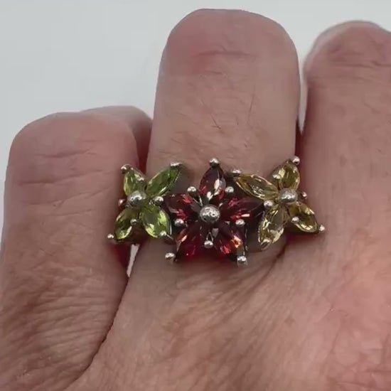 Vintage Mixed Genuine Gemstones 925 Sterling Silver Band Ring