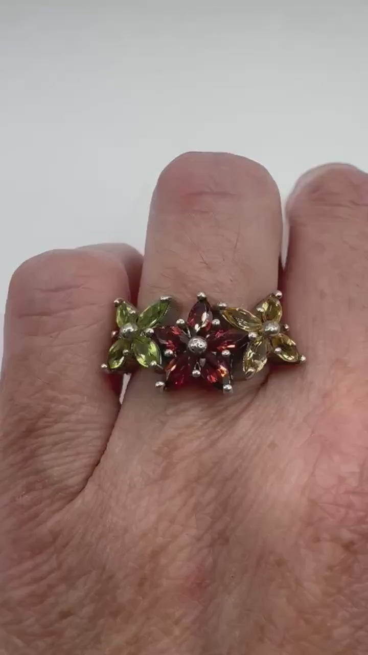 Vintage Mixed Genuine Gemstones 925 Sterling Silver Band Ring
