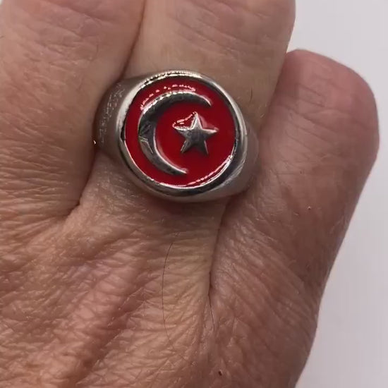 Vintage Silver Stainless Steel Muslim Star Cresant Mens Ring