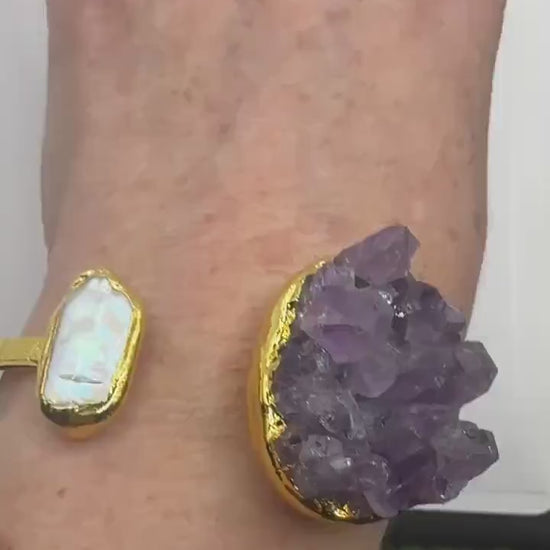 Vintage Pearl Amethyst Cuff Bangle Bracelet Golden 925 Sterling Silver