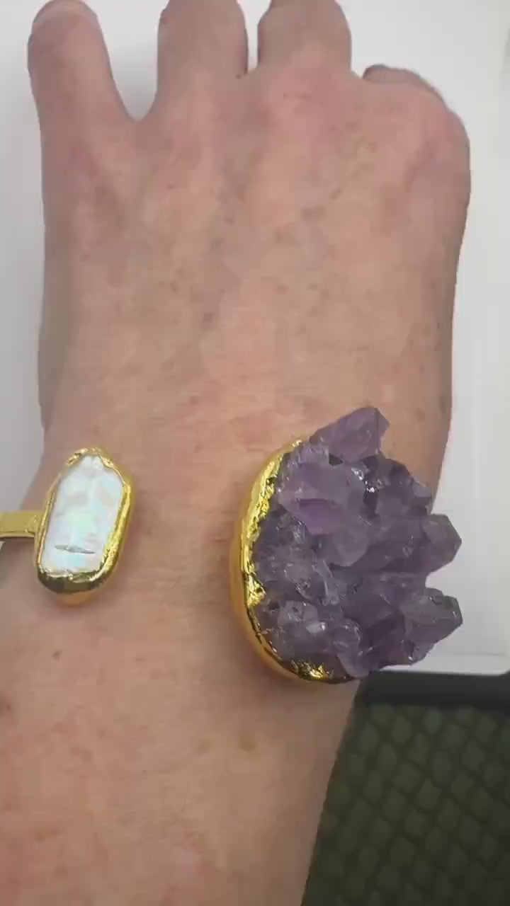 Vintage Pearl Amethyst Cuff Bangle Bracelet Golden 925 Sterling Silver