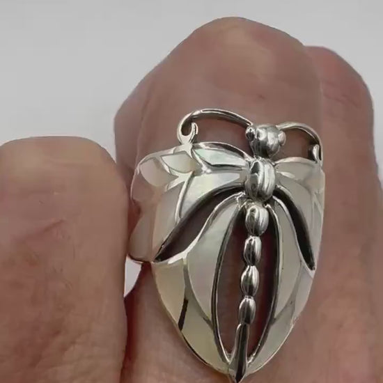 Antique Deco Mother of Pearl Dragonfly 925 Sterling Silver Ring