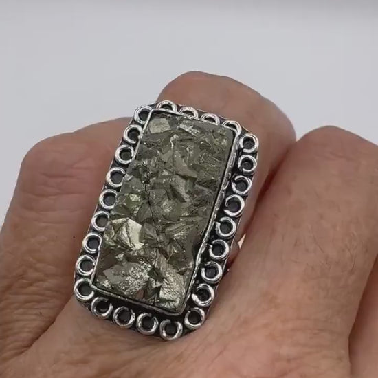 Vintage Golden Pyrite Silver Cocktail Ring Size 7