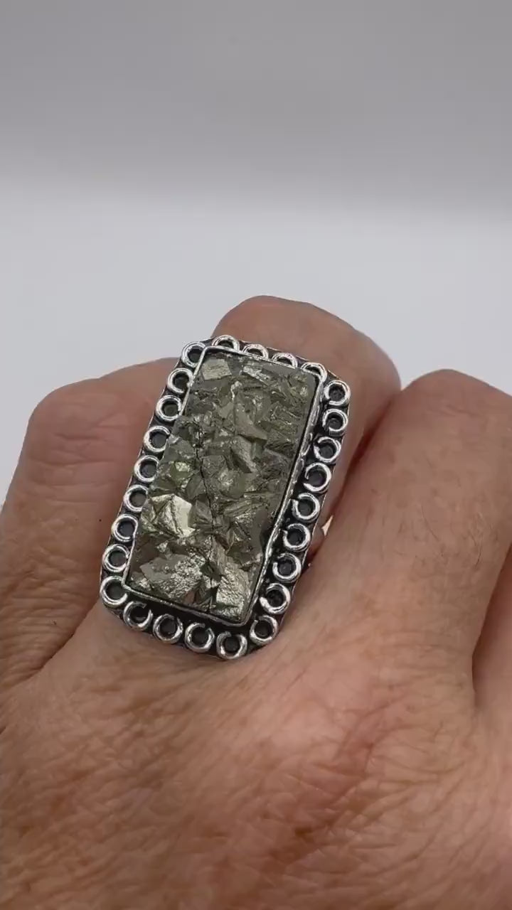 Vintage Golden Pyrite Silver Cocktail Ring Size 7
